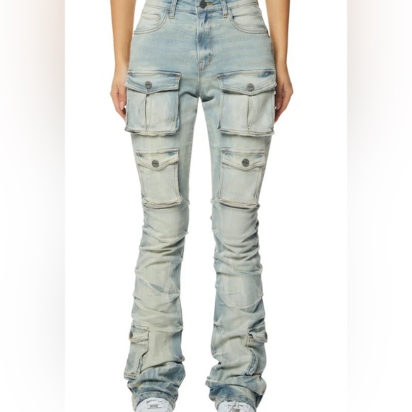 Smoke rise RED Blue wash denim stacked/ bunched - ranched pockets jeans sz small - Picture 9 of 9